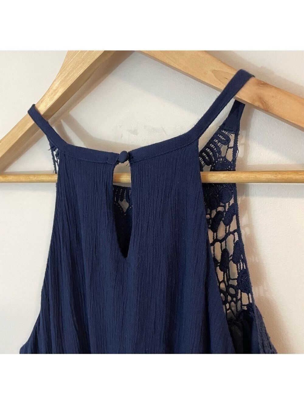 Dex Boho Crochet Mini Dress XS Navy Blue Defined Waist Sleeveless Blouson Short - Picture 6 of 9